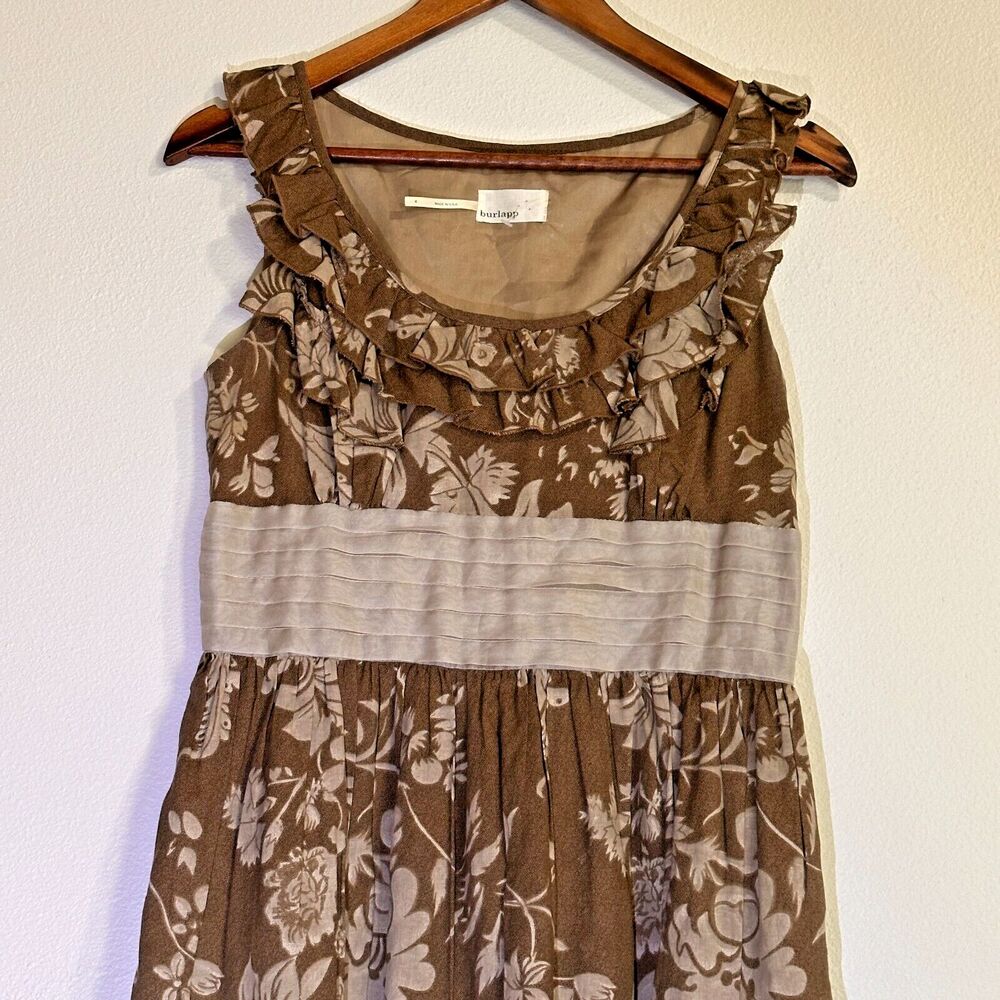 Burlapp Anthropologie Dress M‎ Floral Sleeveless Beige Brown Cotton Made USA